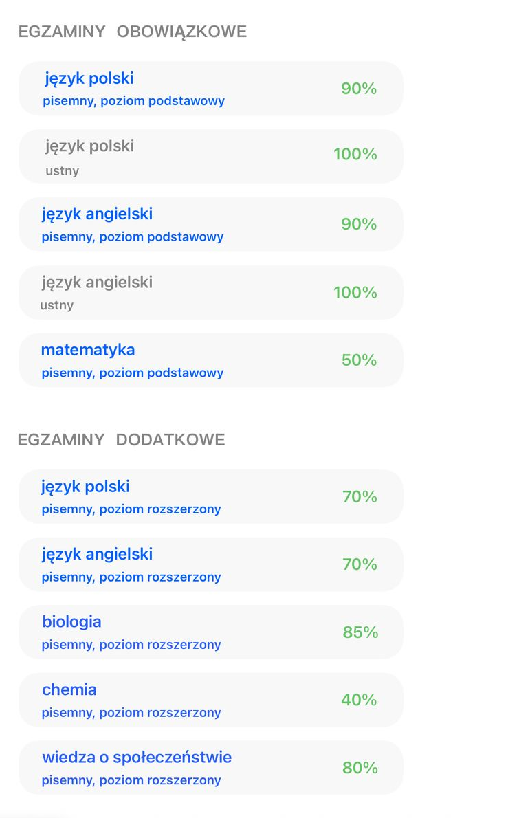 Wyniki matury ucznia DobraMatura: polski 90%, angielski 90%, biologia 85%